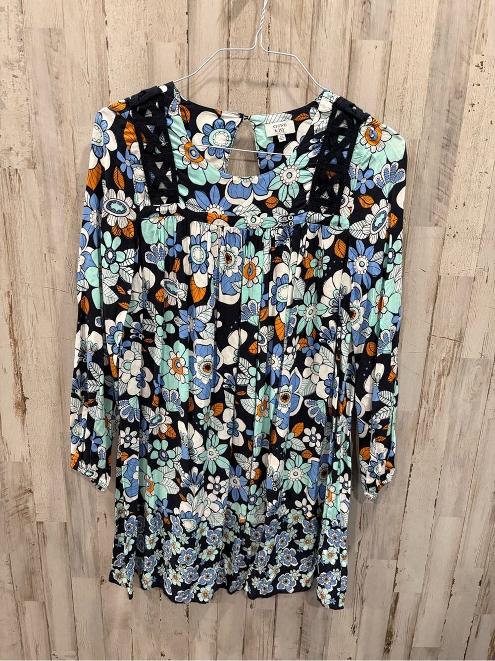 Crown & Ivy Blue Floral Boho Mini Dress Lace Detail 3/4 Sleeve XS Retro